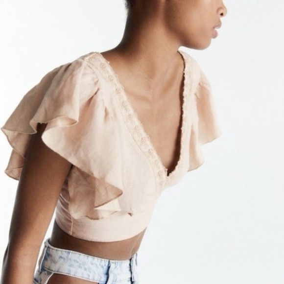 ZARA Boho Linen Ruffle Sleeve Crop Top S - Picture 15 of 15